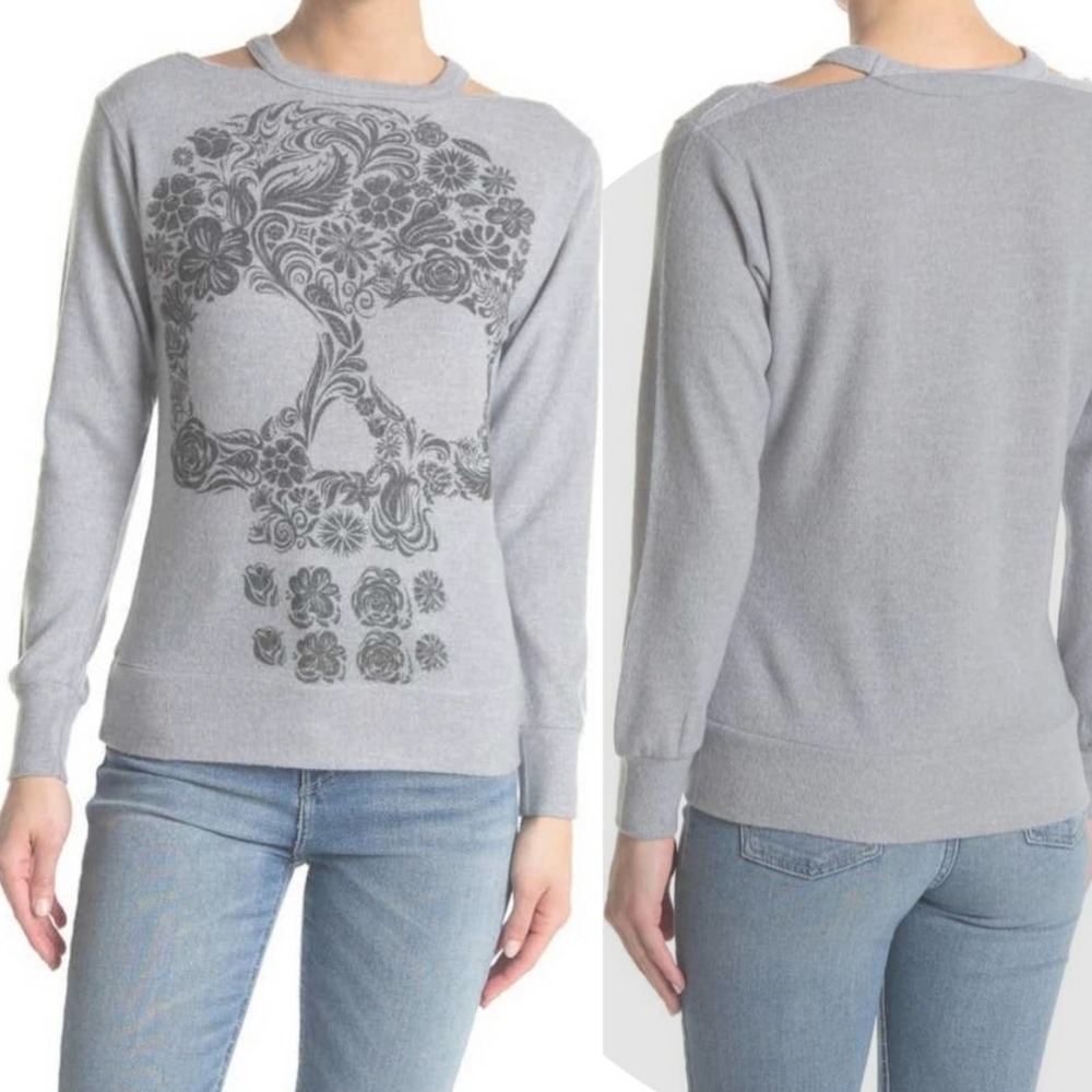 Go Couture Cutout Neck Skull T-Shirt Size L